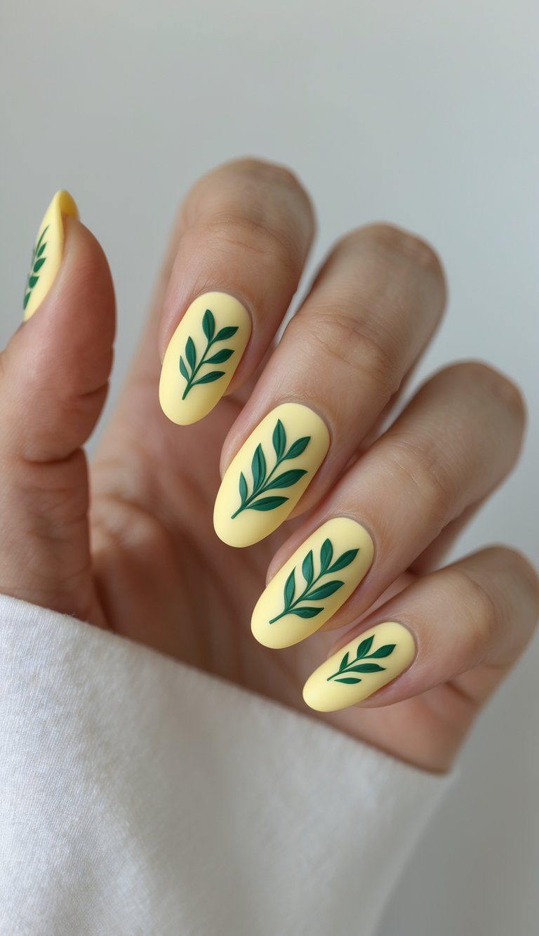 A close-up of fingers shows lemon yellow nail art idea with bright yellow polish and minimal green leaf motifs placed delicately on each nail.