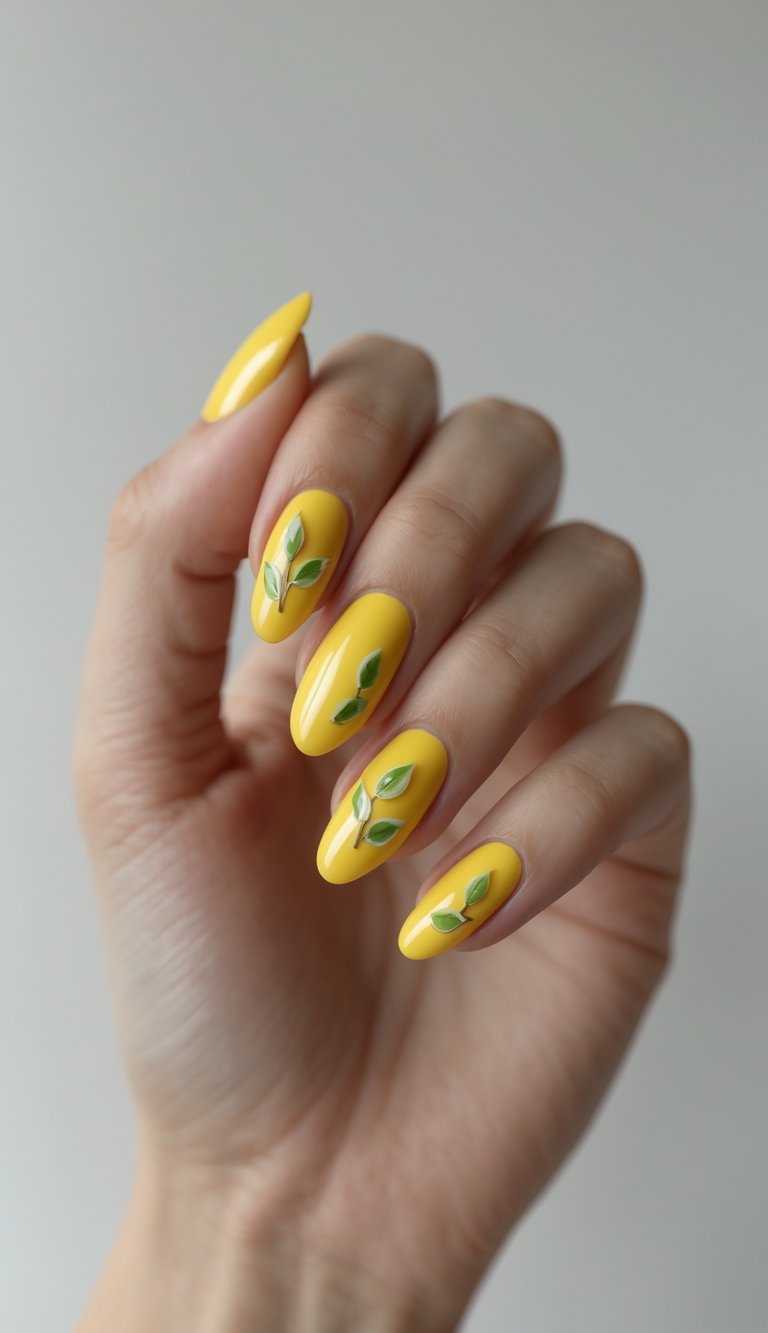 A softly curled hand highlights lemon yellow nail art idea with smooth yellow nails and subtle green leaf artwork placed individually on each nail.