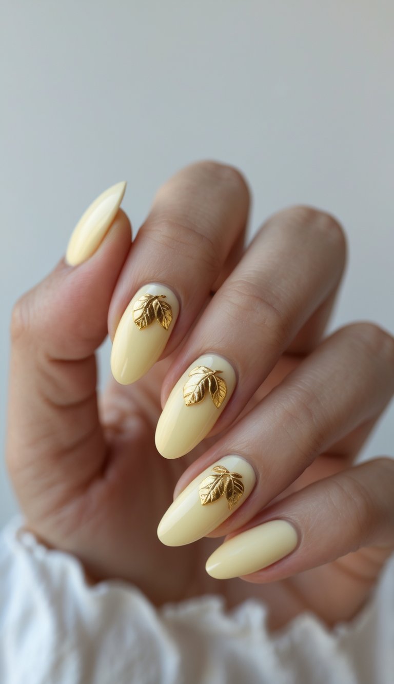 A softly curled hand presents lemon yellow nail art idea with smooth pale yellow nails highlighted by small metallic gold leaf embellishments in a minimalist studio setting.