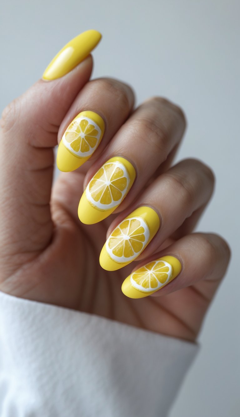 An angled hand pose reveals lemon yellow nail art idea with bright yellow nails decorated with detailed citrus slice illustrations on a neutral studio backdrop.