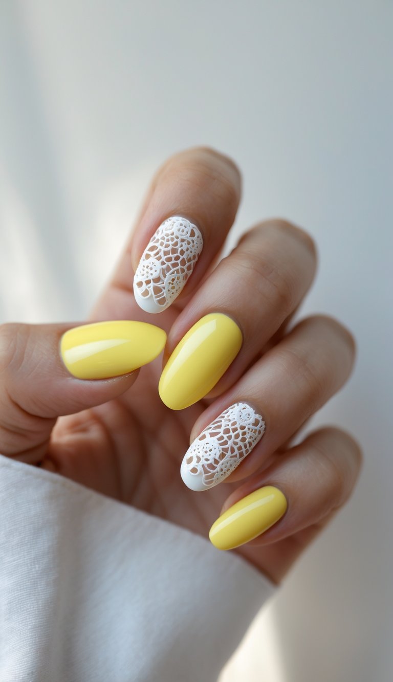 A manicured hand displays lemon yellow nail art idea with bright yellow nails paired with delicate white lace-inspired accent nails on a neutral backdrop.