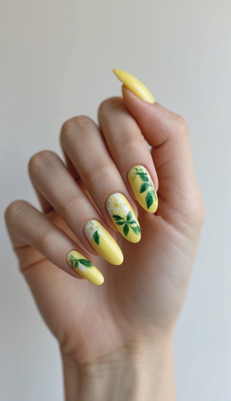 A close-up of a hand with almond-shaped nails painted in lemon yellow, featuring detailed white floral accents and green leaf designs against a neutral background.