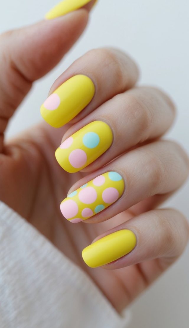 A close-up of a hand with almond-shaped lemon-yellow nails featuring pastel pink and mint polka dots, photographed against a soft neutral background.