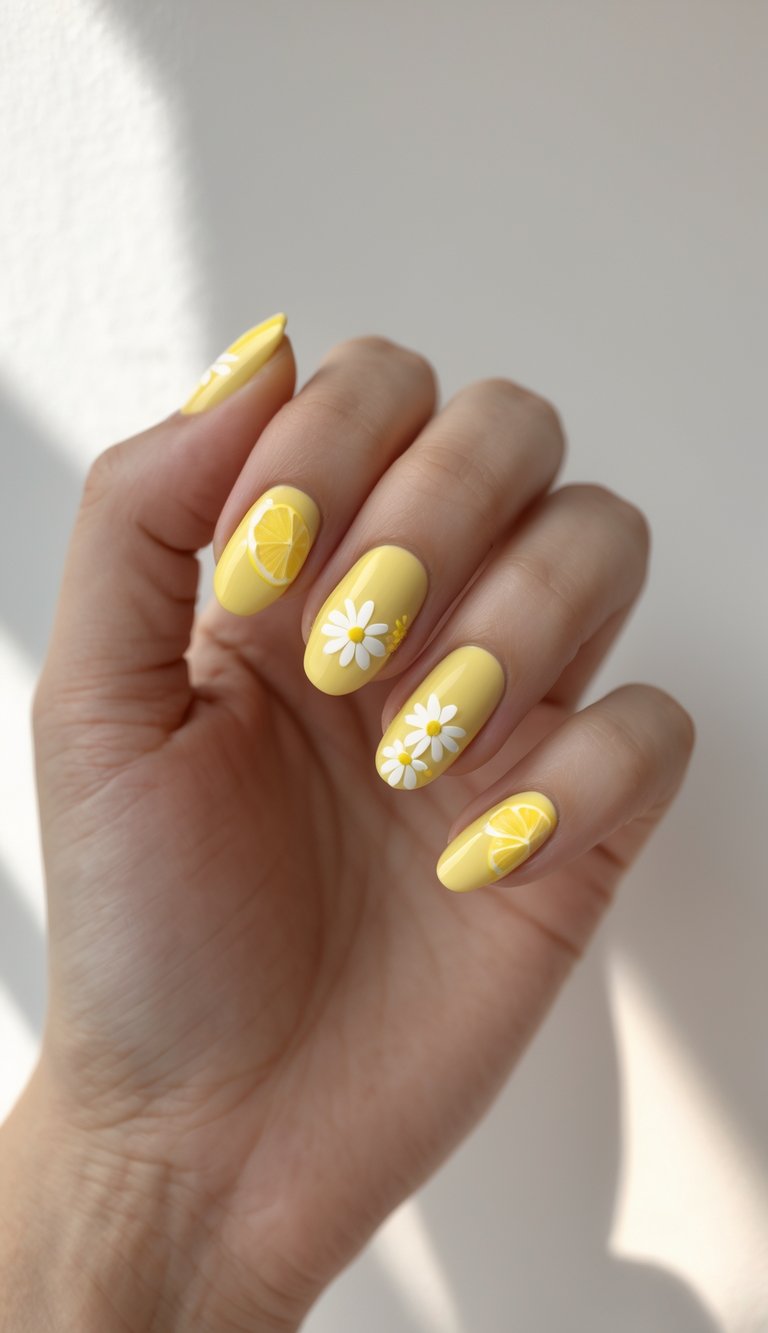An angled view of a hand wearing yellow nails adorned with daisy flowers and lemon slice artwork, illuminated by gentle daylight.