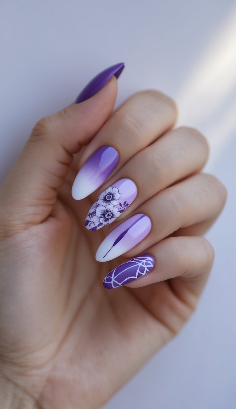 A close-up of a manicured hand featuring a purple and white nail art idea with lavender ombré tips, a floral accent nail, and fine white line details.