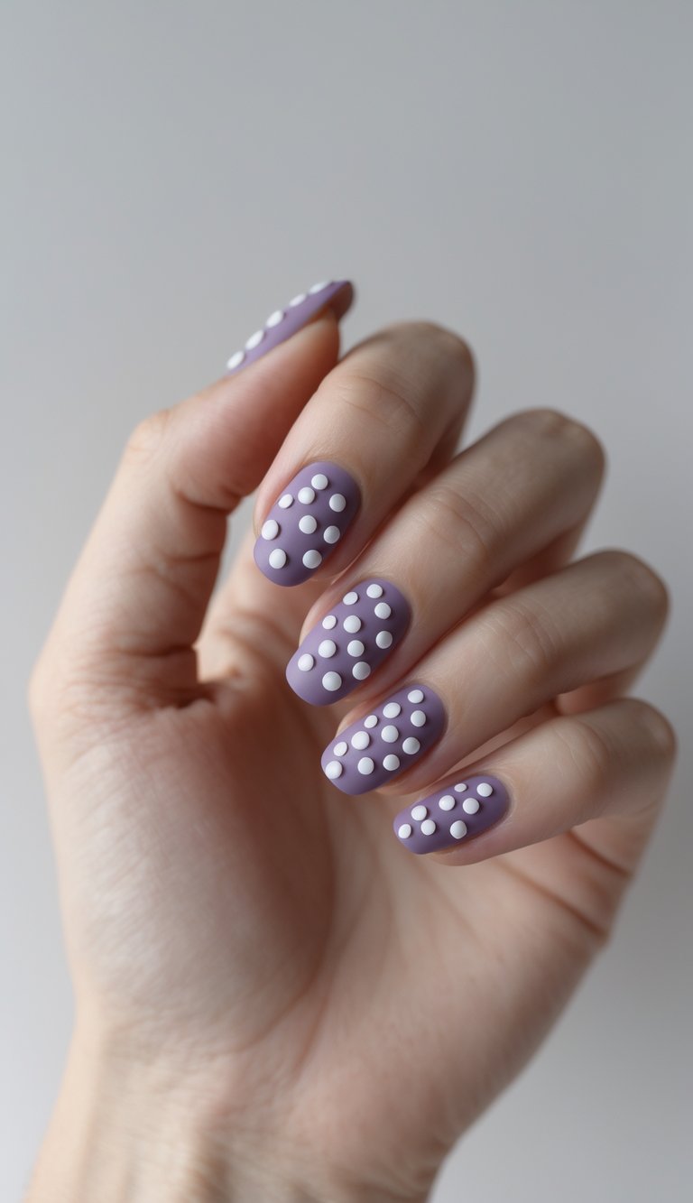 Close-up of fingers displaying a purple and white nail art idea, showing lavender polish topped with symmetrical white dot patterns on short, rounded nails.