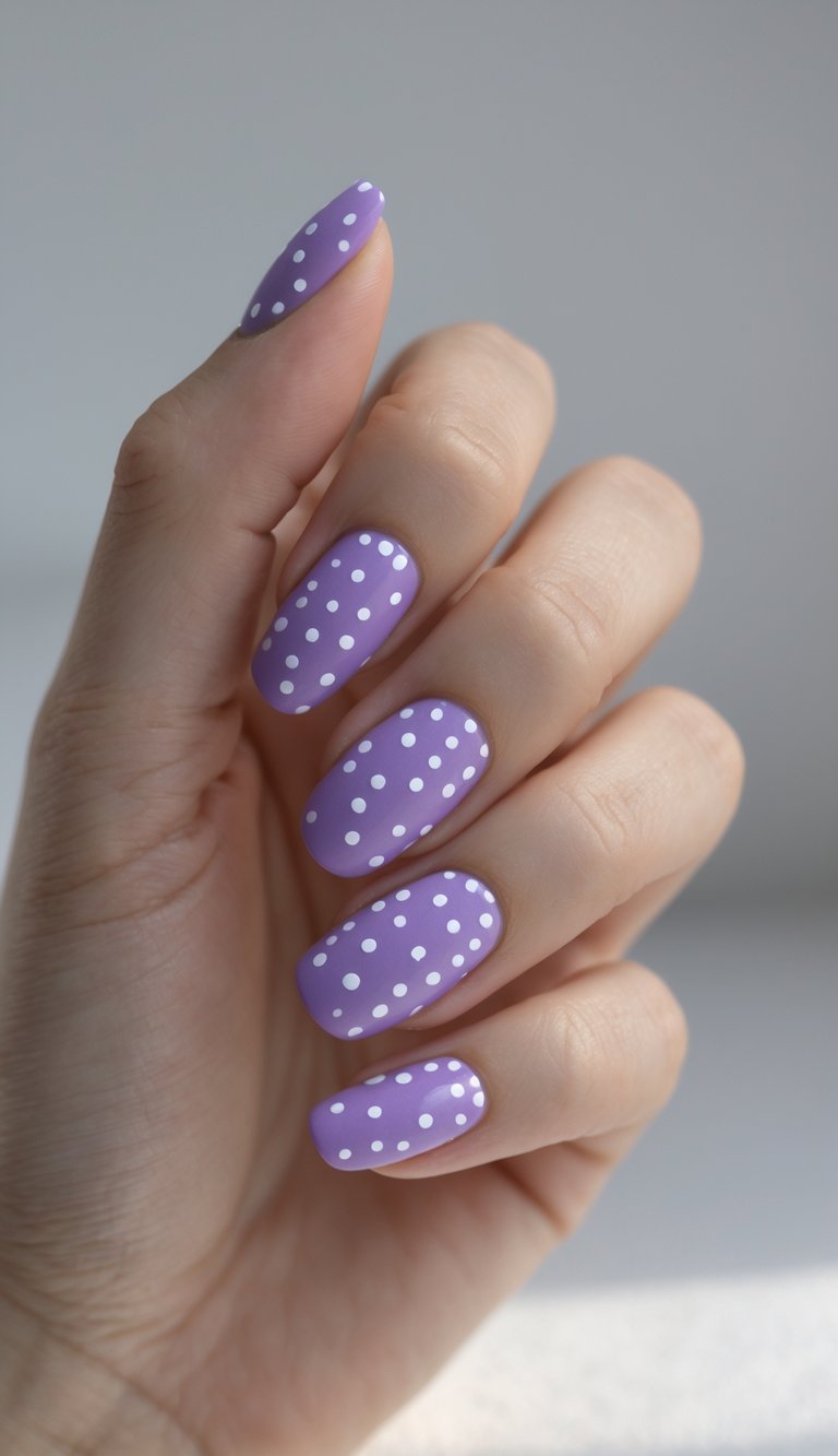 A close-up of a hand shows a purple and white nail art idea featuring lavender nails decorated with neat white polka dots across almond-shaped tips.