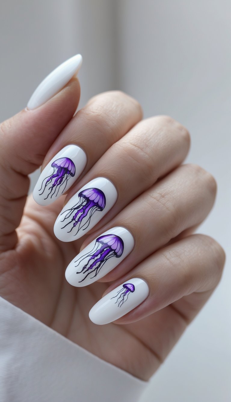 A close-up of a hand with white almond nails featuring purple jellyfish art, showing a purple and white nail art idea inspired by underwater motion.