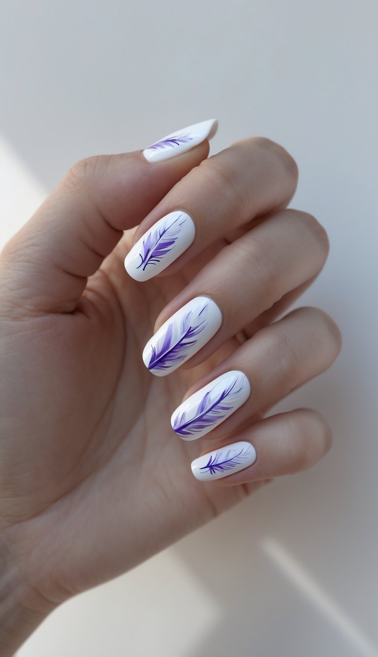 Softly curved fingers display white nails detailed with purple feather artwork, capturing a graceful purple nail art idea inspired by floating, hand-painted lines.