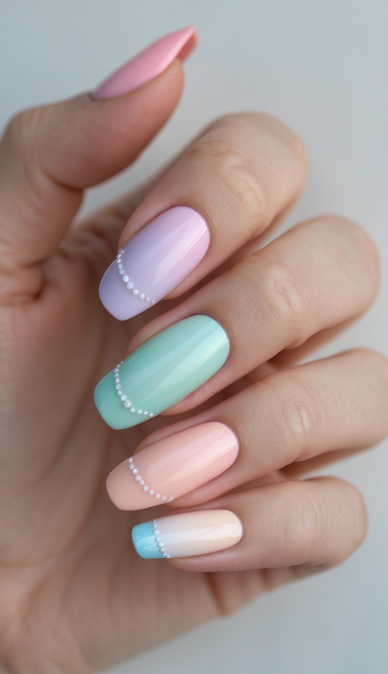 Close-up of a hand featuring a multicolor nail art idea with almond-shaped nails, pastel lavender and mint polish, glossy surfaces, and small pearl dot accents.