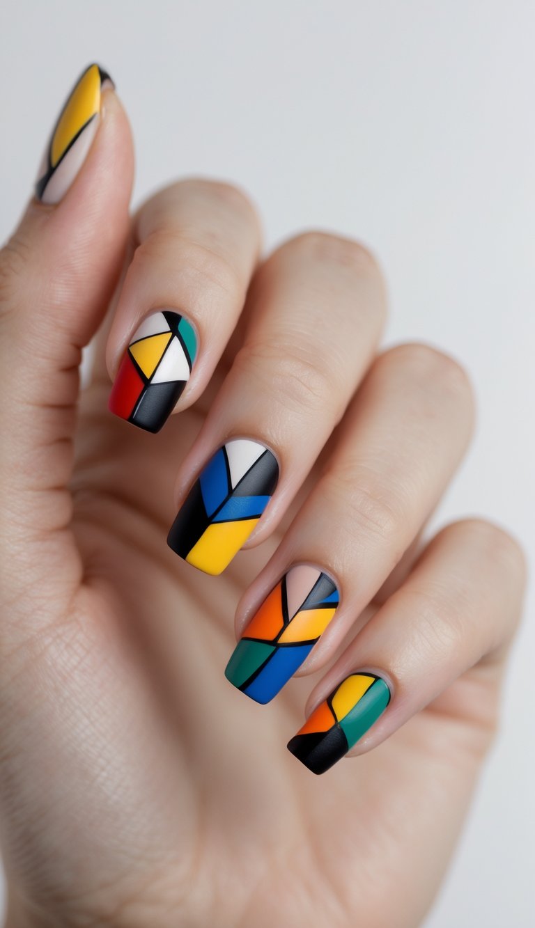 Fingers gently curled showcasing a multicolor nail art idea with square nails, stained-glass-style geometry, and vivid primary colors outlined by black polish.