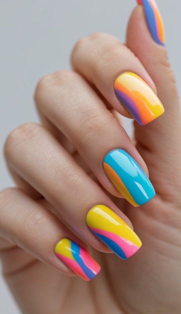 Angled hand pose revealing a multicolor nail art idea with square-shaped nails, wave-style color blending, and bright yellow, blue, pink, orange, and purple polish.