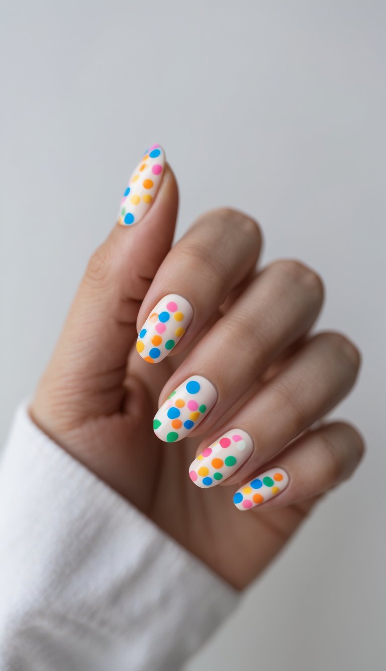 Relaxed hand wearing a multicolor nail art idea with white almond nails accented by pastel polka dots in blue, pink, yellow, and green.