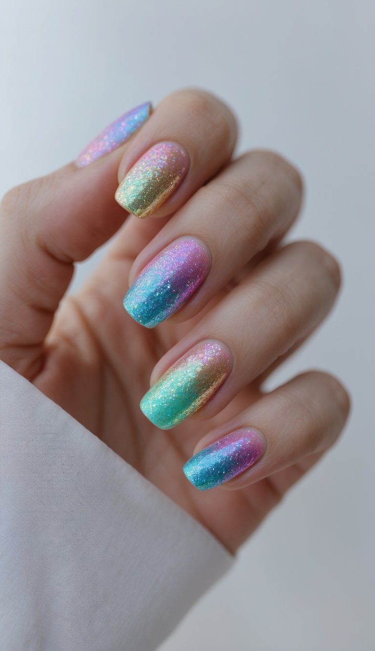 Close-up of a hand featuring iridescent square nails with turquoise, rose, and champagne hues layered in a smooth, reflective gradient.