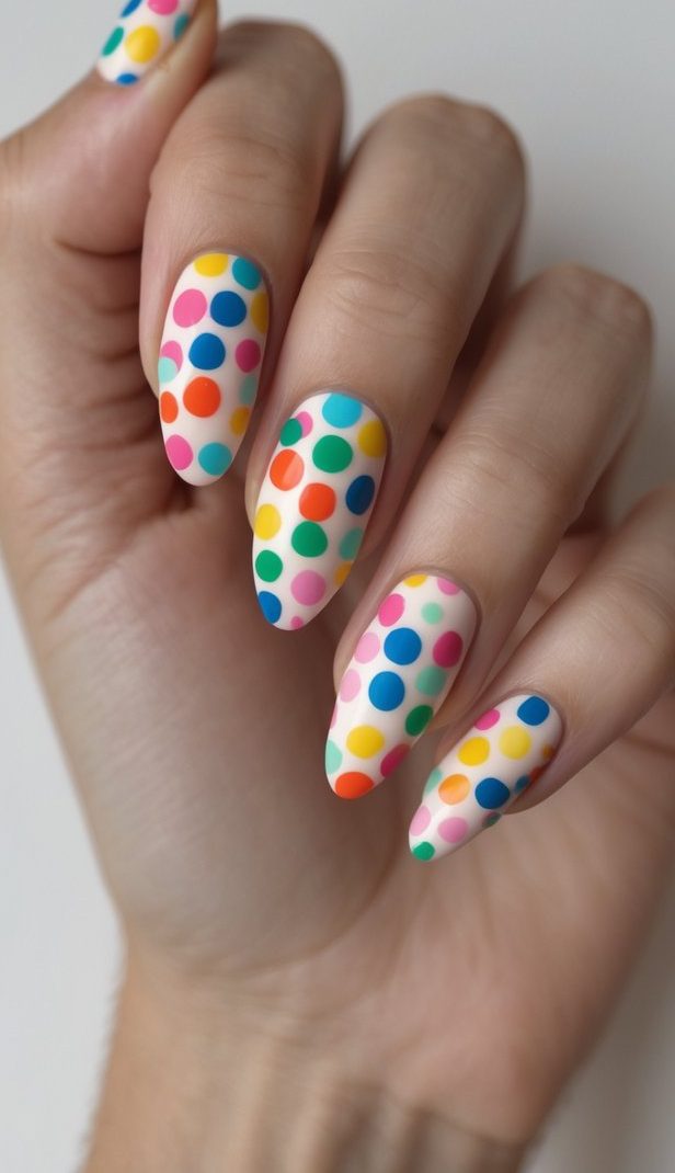 Close-up of a hand with almond-shaped nails featuring multicolored polka dots over a nude base, creating a playful, glossy confetti-style nail design.
