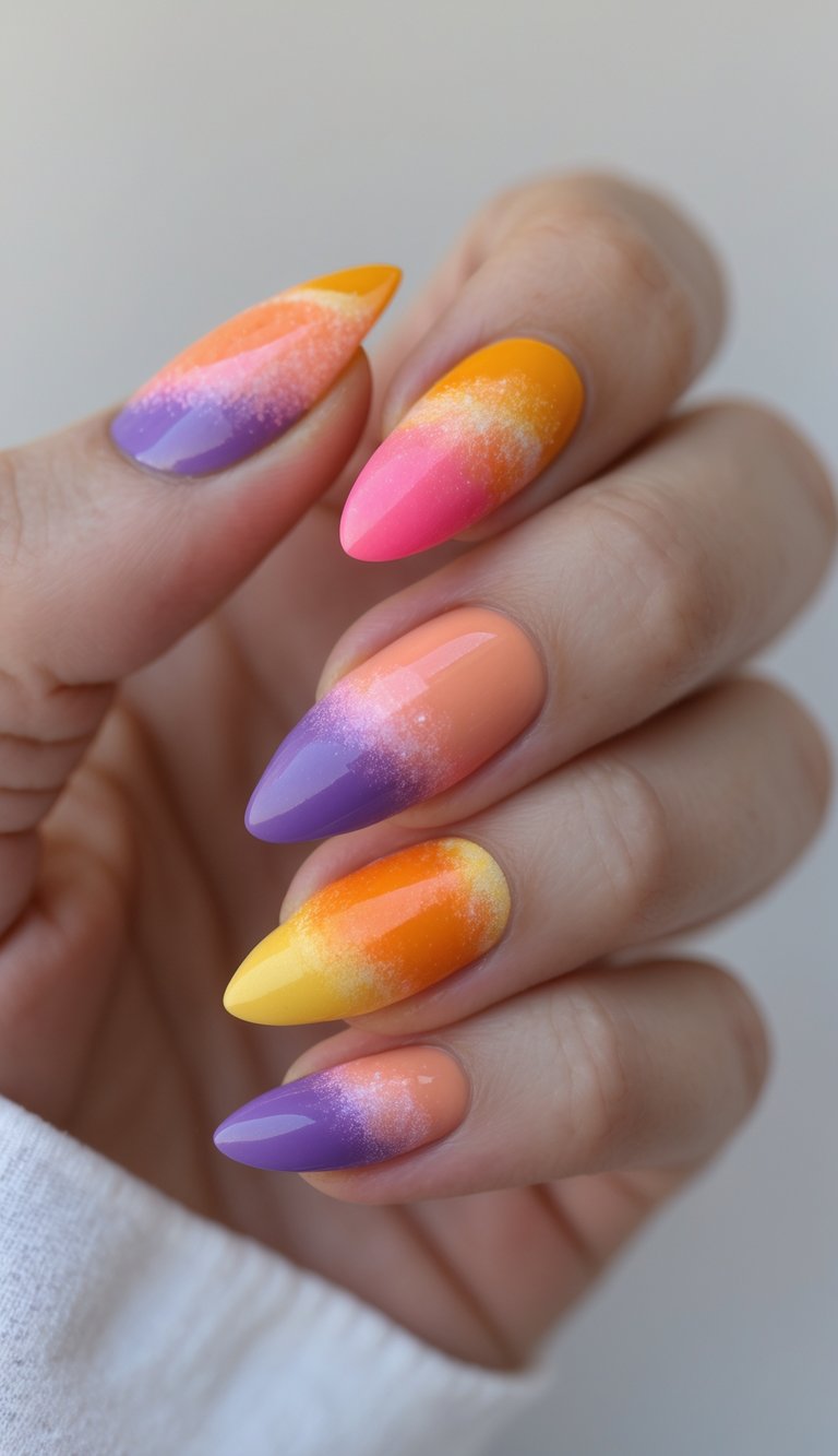 Natural hand pose featuring a multicolor nail art idea inspired by sunset skies, blending orange, pink, yellow, and purple shades across almond-shaped nails.