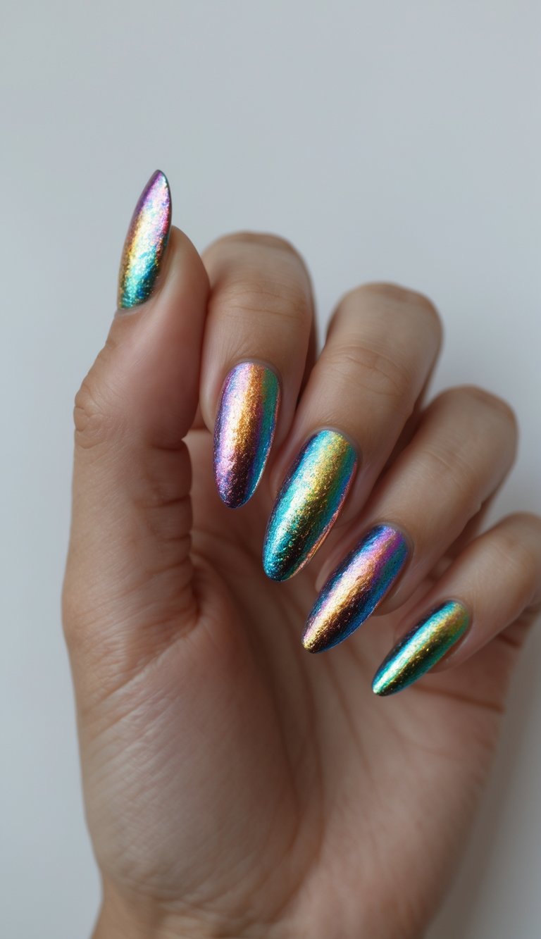 Natural hand pose highlighting a multicolor nail art idea with prismatic chrome nails reflecting jewel-toned greens, blues, purples, and warm gold accents.