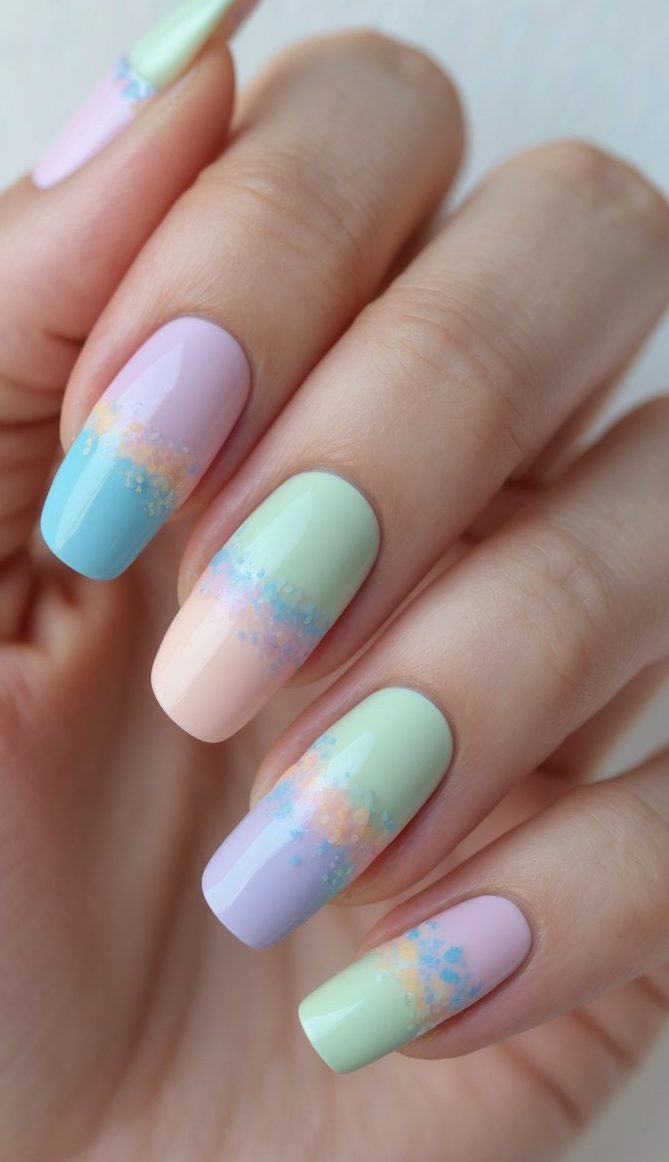 Natural hand pose featuring a multicolor nail art idea with glossy pastel mint, blush pink, and lilac nails decorated with light confetti-style detailing.