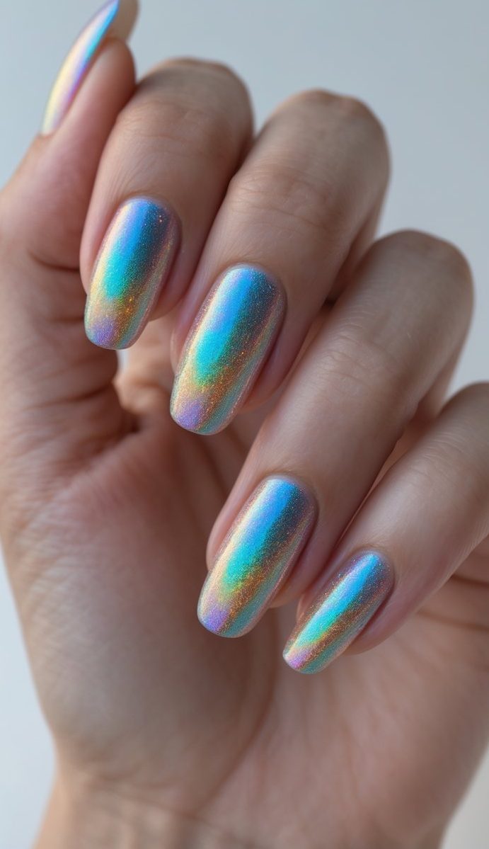 Fingers gently curved to showcase iridescent nail art ideas with futuristic chrome nails reflecting teal, gold, and violet hues under soft lighting.