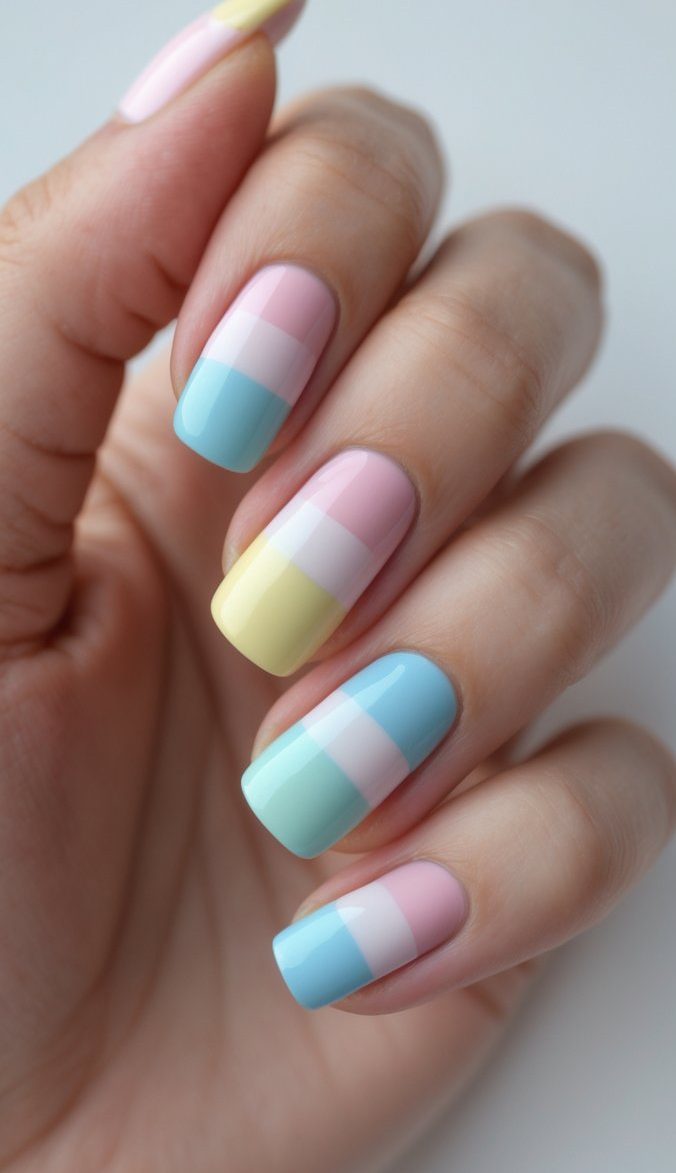 A close-up of a hand showing square nails with horizontal pastel color blocks in pink, blue, yellow, mint, and white, forming a smooth multicolor nail art idea.