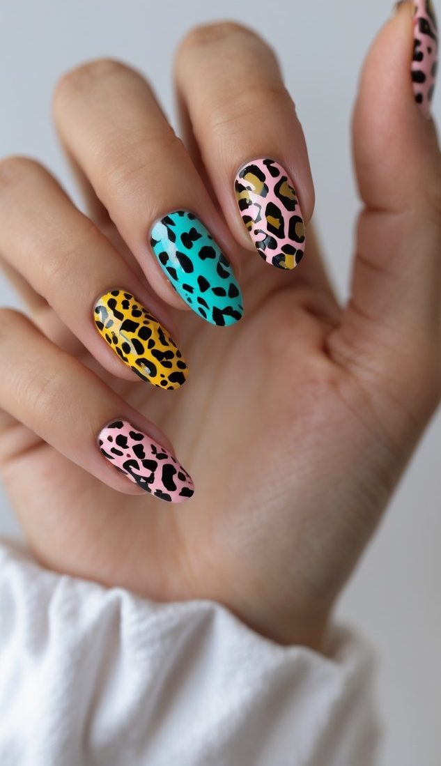 A hand posed against a neutral background displaying leopard-pattern nails in teal, blush pink, and yellow with black accents as a vibrant multicolor nail art idea.