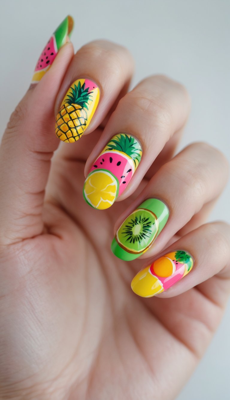 Close-up of a hand with almond-shaped nails painted with detailed fruit designs, including pineapple, kiwi, watermelon, and citrus, forming a colorful multicolor nail art idea.