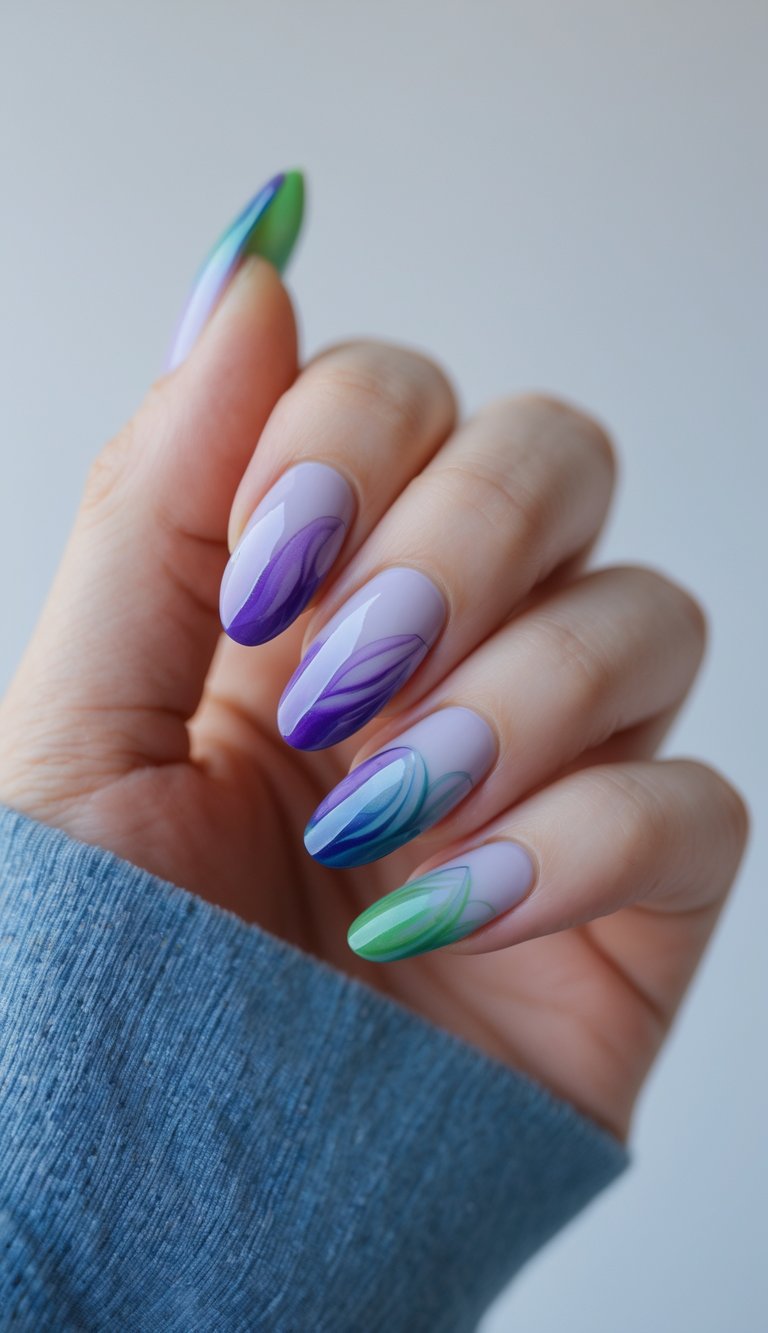 Angled view of a hand displaying almond nails with pastel gradients and curved brushstroke accents in purple, blue, and green, forming a soft multicolor nail art idea.