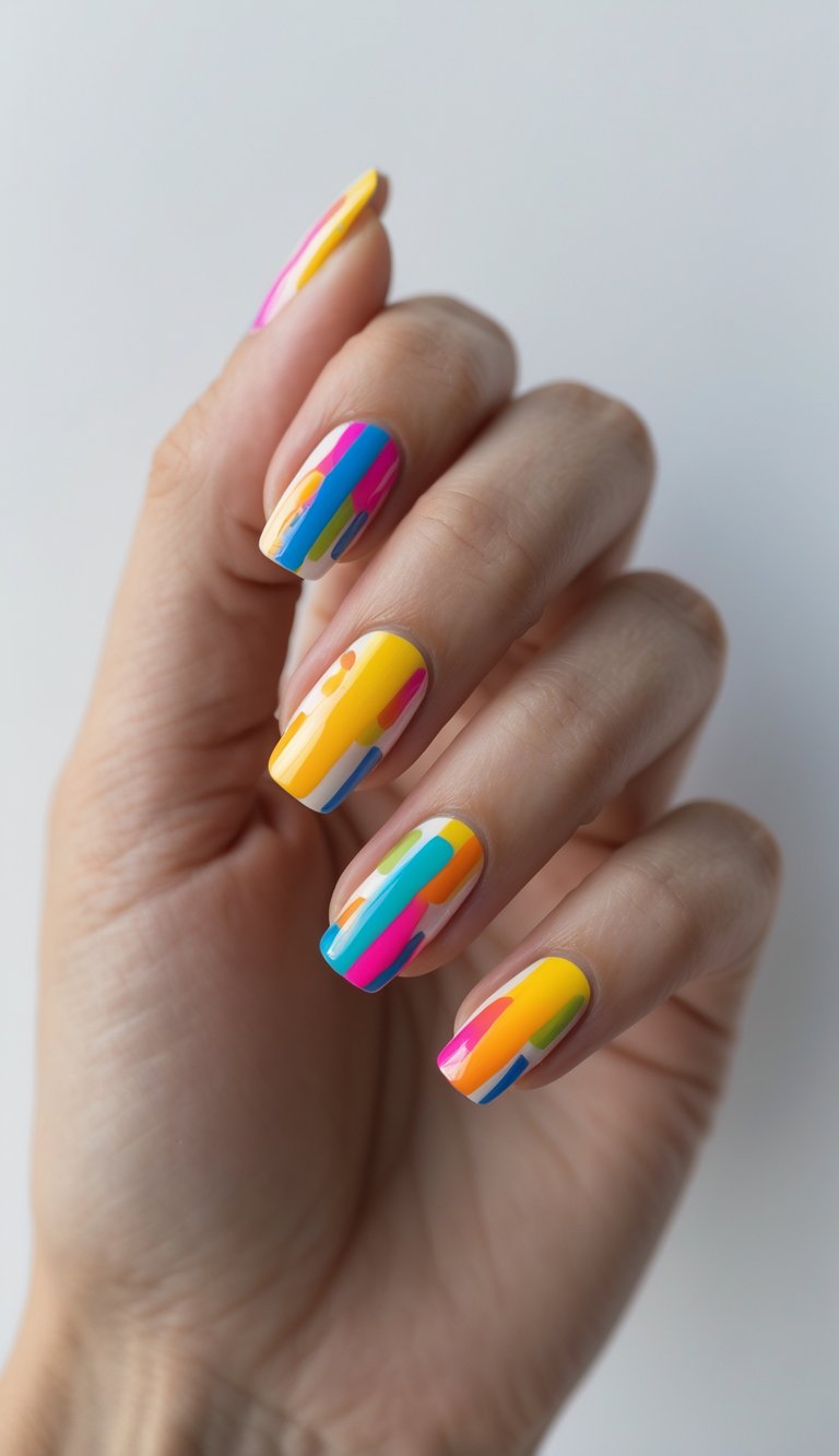 Angled view of a hand featuring almond nails with nude backgrounds and crisp vertical stripes in bright yellow, teal, pink, and coral, styled as a multicolor nail art idea.