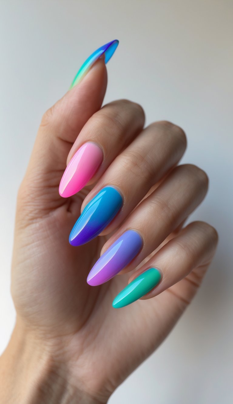 Close-up of a hand featuring long almond nails painted in smooth color fades from pink to blue and teal, showcasing a refined multicolor nail art idea.