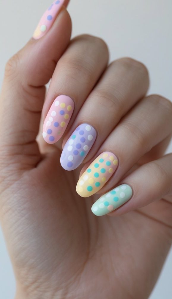Detailed view of a hand with almond nails painted in pastel shades and dotted patterns, showcasing smooth finishes and a polished multicolor nail art idea.