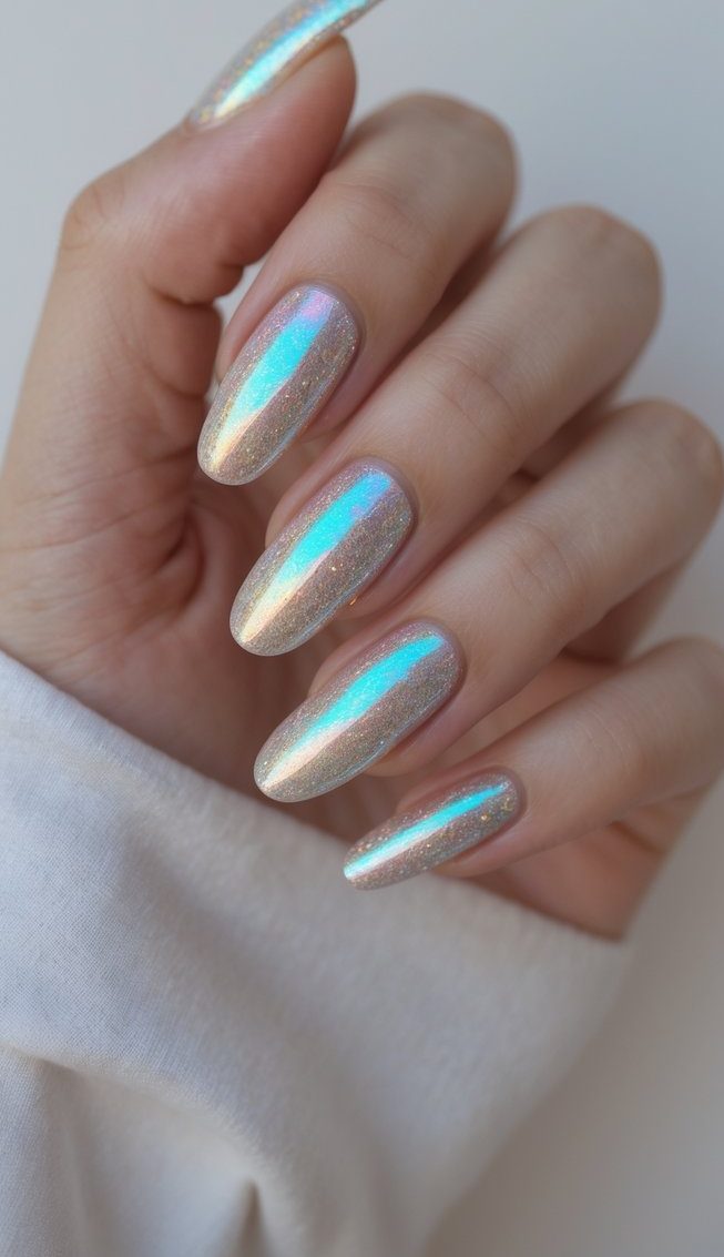 Close-up of fingers showing an iridescent nail art idea with nude beige almond nails, fine glitter texture, and a bright aqua chrome stripe catching the light.