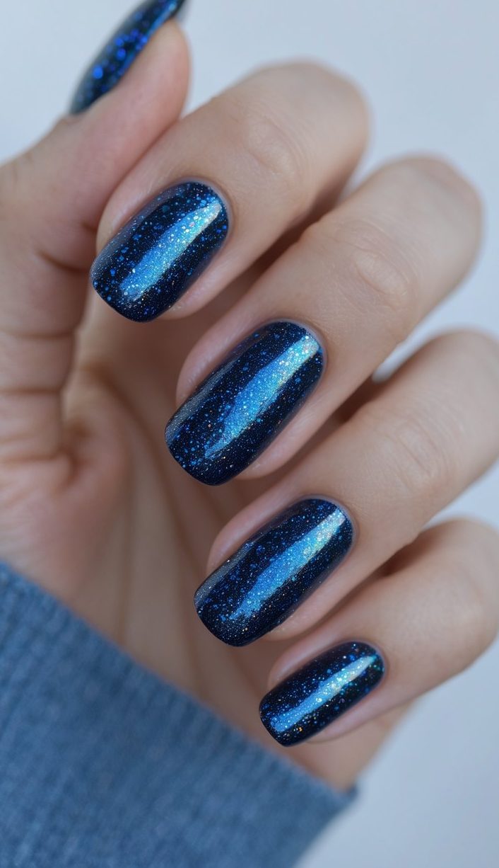 Editorial-style hand pose showing an iridescent nail art idea with glossy navy square nails and scattered holographic shimmer throughout.