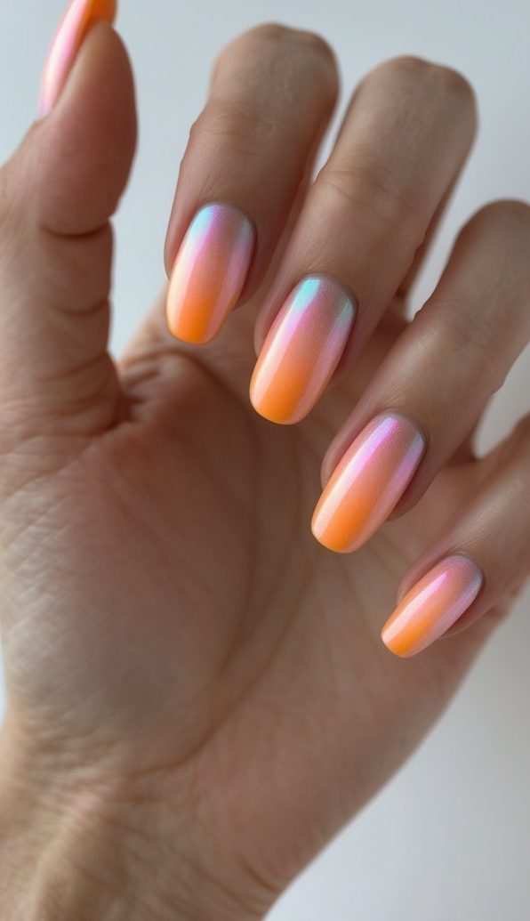 Close-up of fingers displaying an iridescent nail art idea with almond-shaped nails, pink-to-orange chrome finish, and smooth reflective shine.