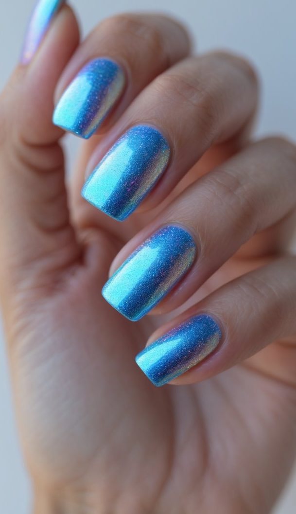 Relaxed hand position revealing an iridescent nail art idea with square-shaped nails, aqua-blue chrome finish, and softly shifting shimmer.