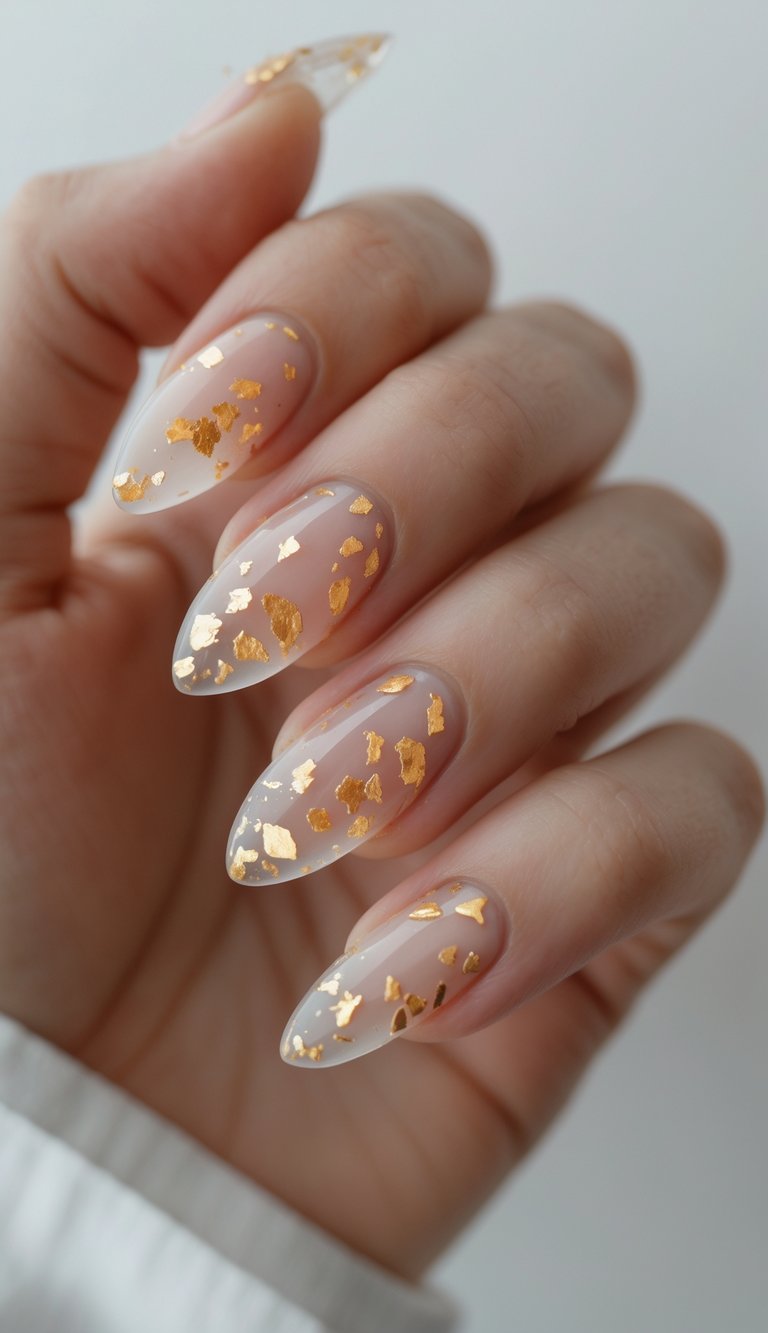 A translucent base with scattered gold foil flakes for a barely-there look