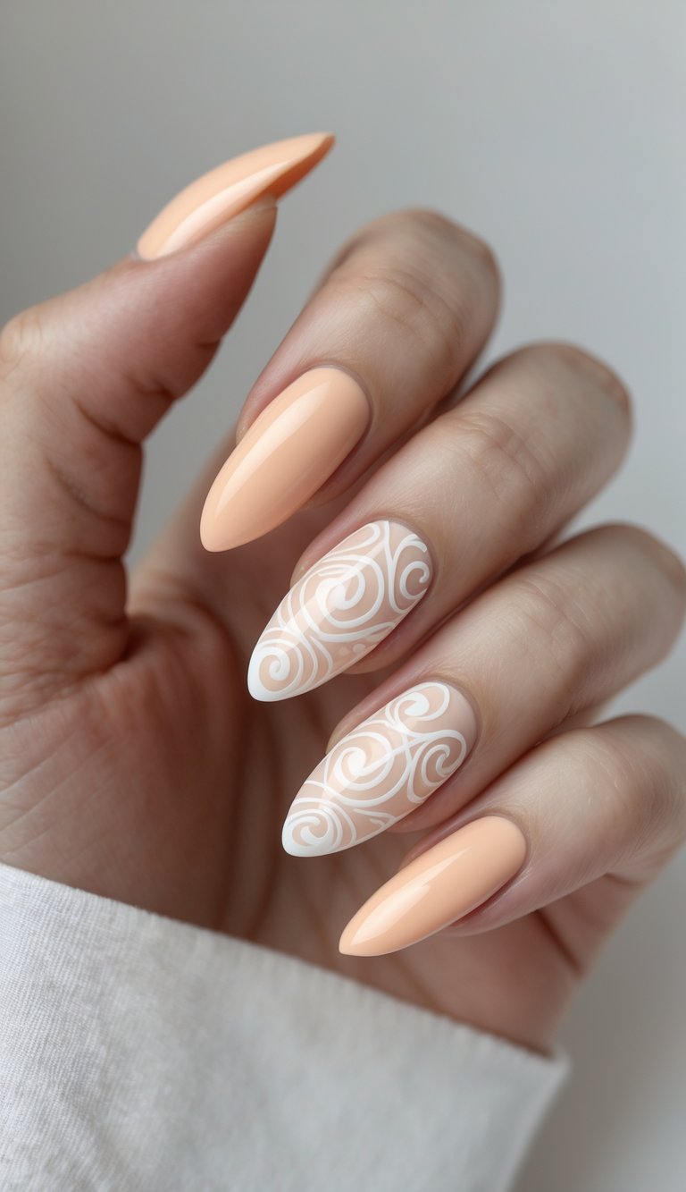 Creamy peach nails with subtle white swirl detailing