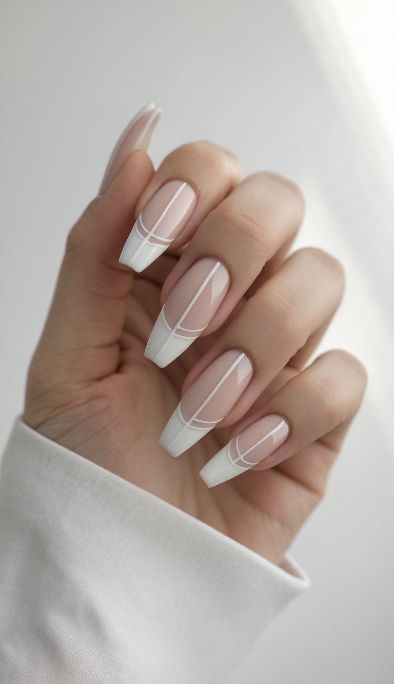 Ballerina nails with classic white tips and delicate line accents for a modern, elevated French manicure