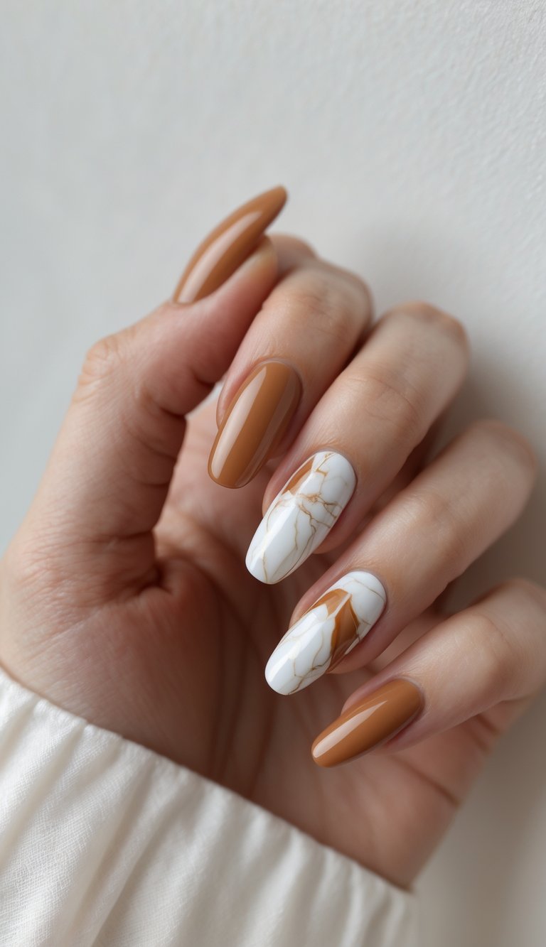 Rich caramel tones paired with soft white marble accents