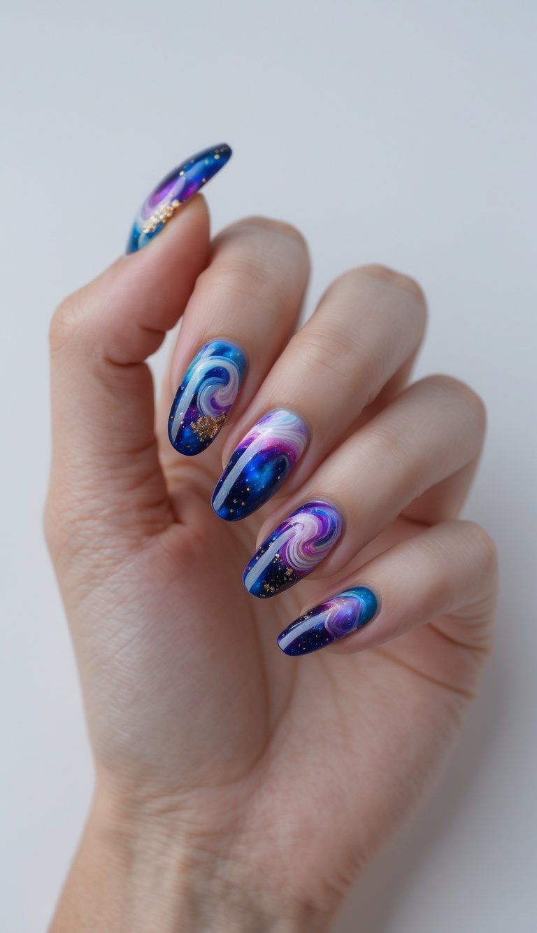 Swirling white accents on galaxy-themed nails with a base featuring a blend of black, deep blue, and violet
