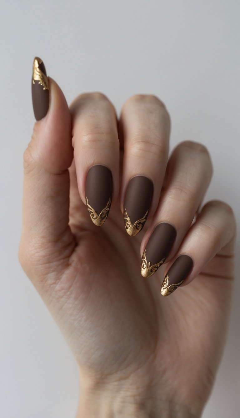 Rich matte brown with delicate gold accents for an elegant manicure