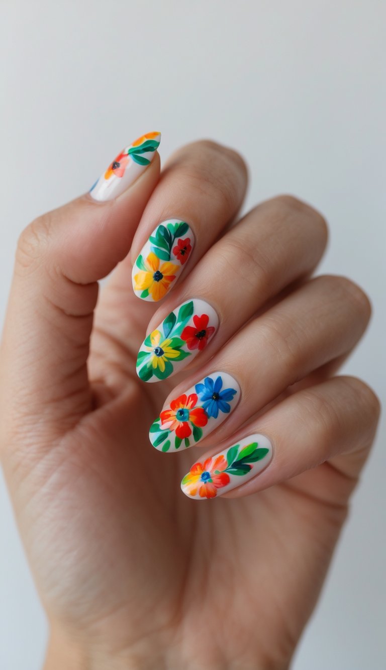 Bright blooms dance across a crisp white base, blending bold reds, yellows, and blues