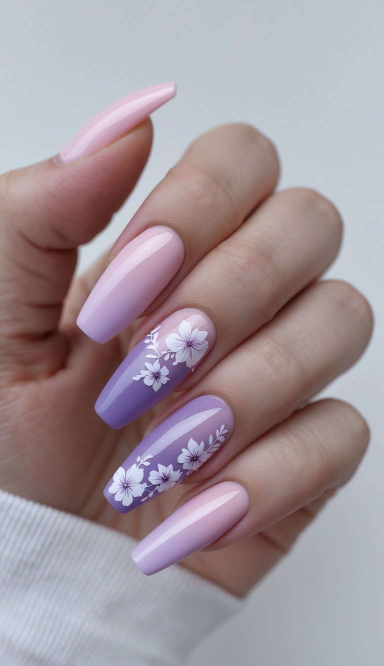 Pink and lilac ombre nails with white floral accents