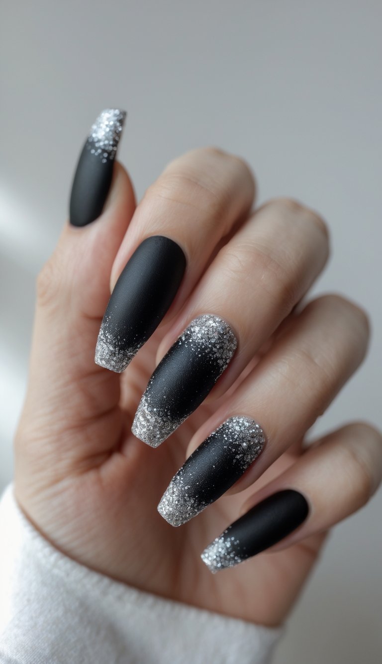 Matte black base with silver glitter