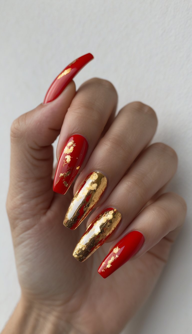 Red coffin nails with gold foil