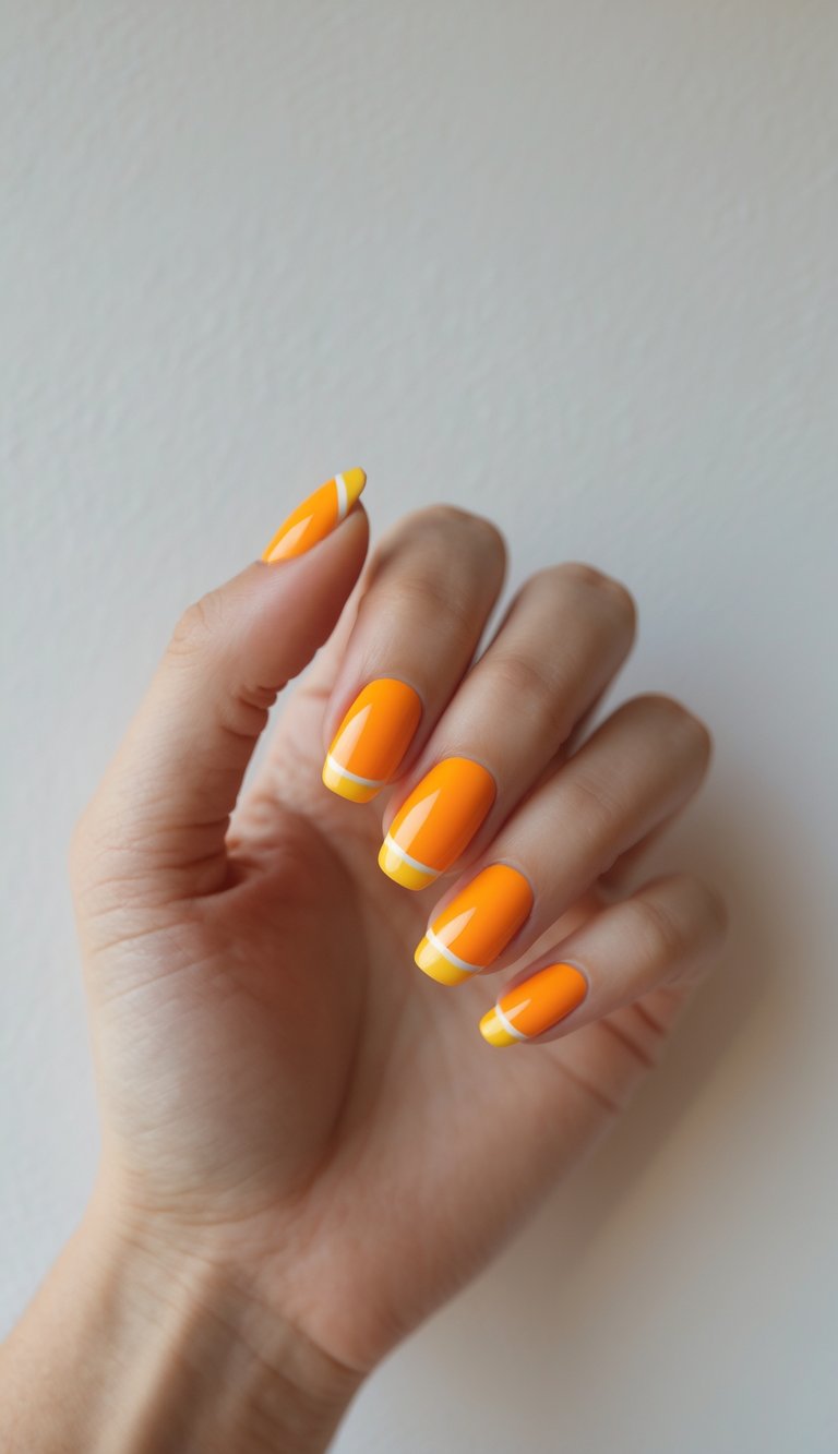 Bright orange nails with yellow and white French tips