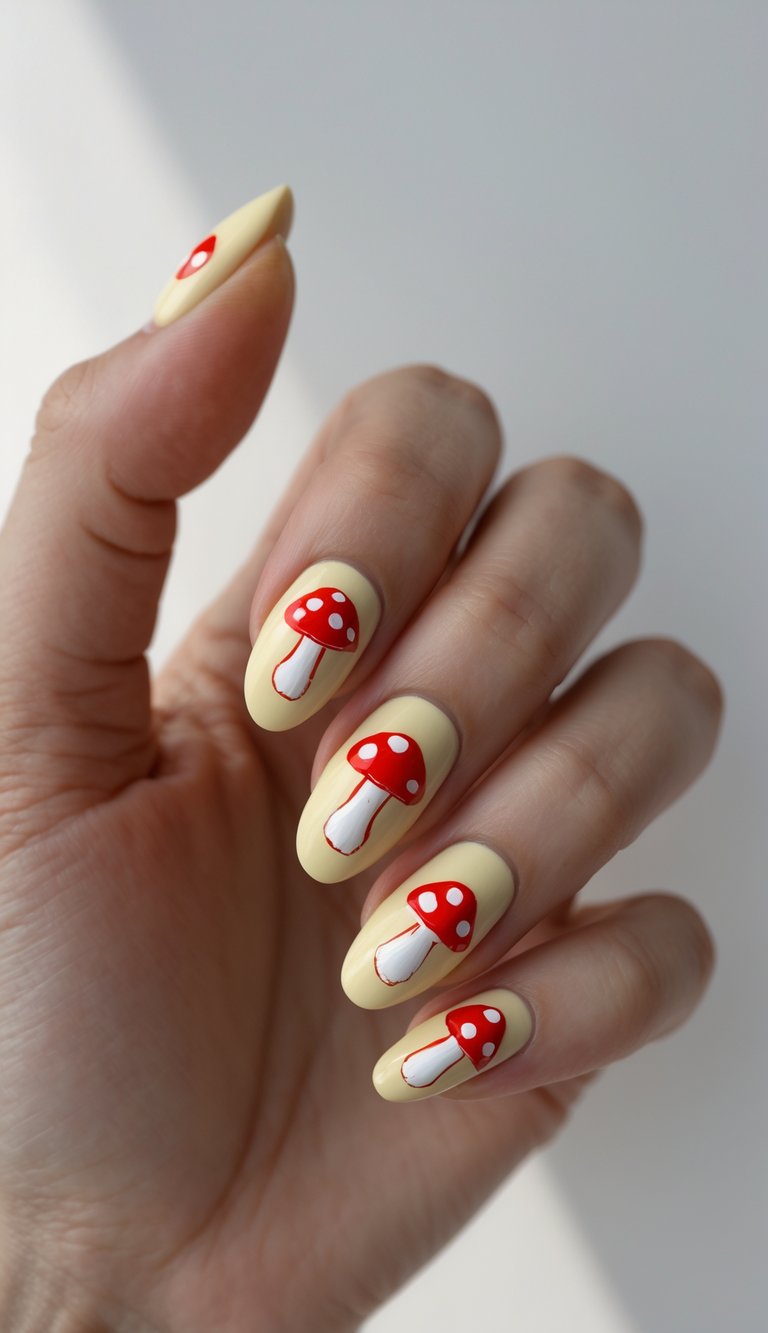 Tiny red toadstool mushrooms pop against soft buttery yellow nails