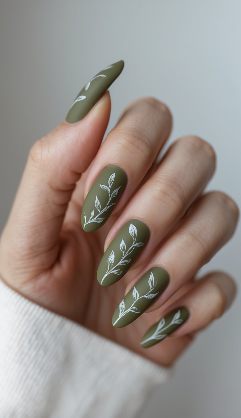 Deep olive nails with delicate white leafy branches