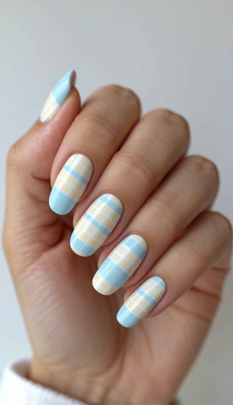 Soft blue and cream gingham pattern nails