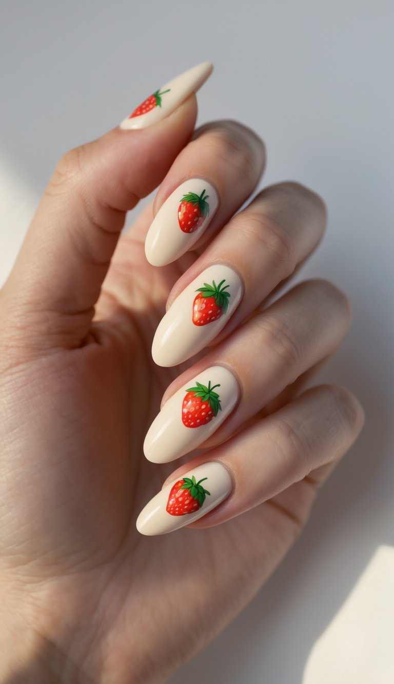 Creamy neutral nails with small red strawberries