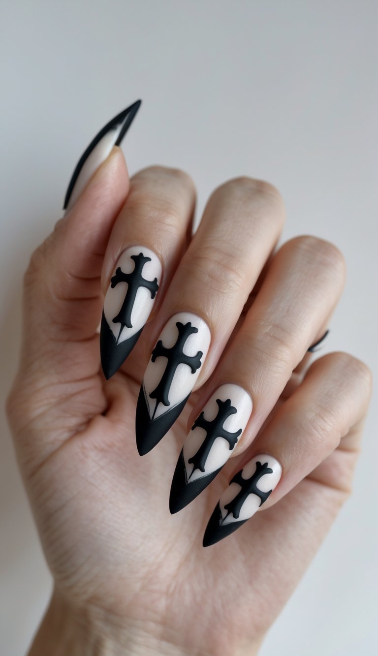 Black gothic crosses layered over nude nails